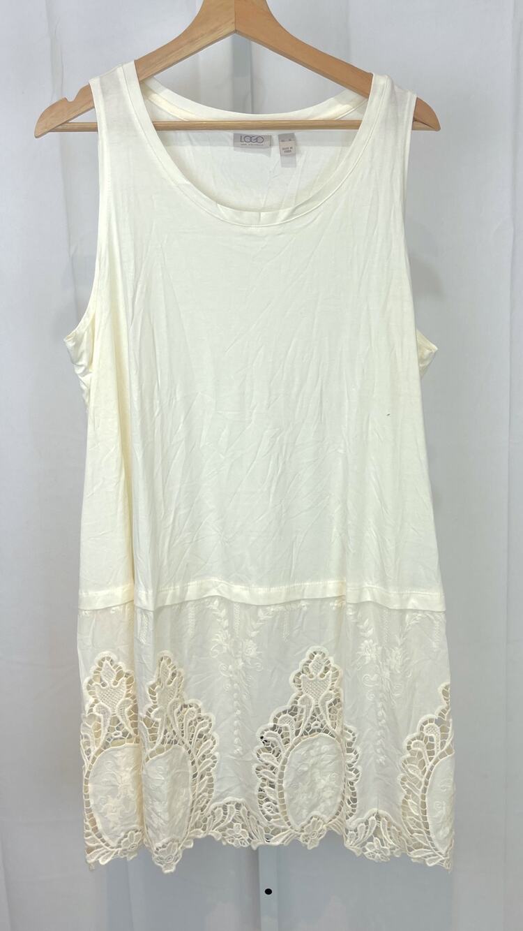 LOGO Lori Goldstein Long Solid Tunic Tank Embroidered Lace Hem A288010 Ivory XL